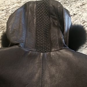 100% Authentic Genuine Black Leather Coat with Dyed Blue Fox Fur.